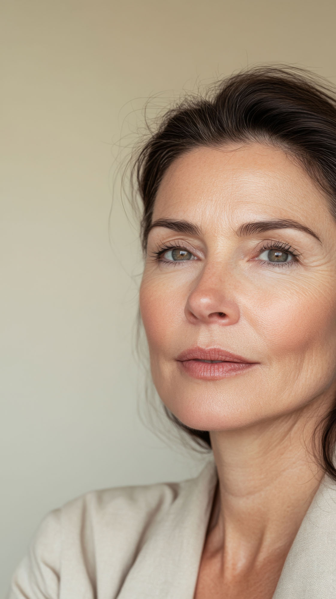 portrait of serene middle age woman with brunette hair and light