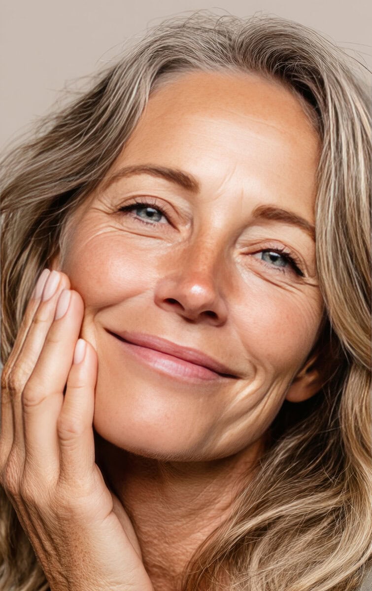 portrait of smiling senior woman gently touching face, embracing