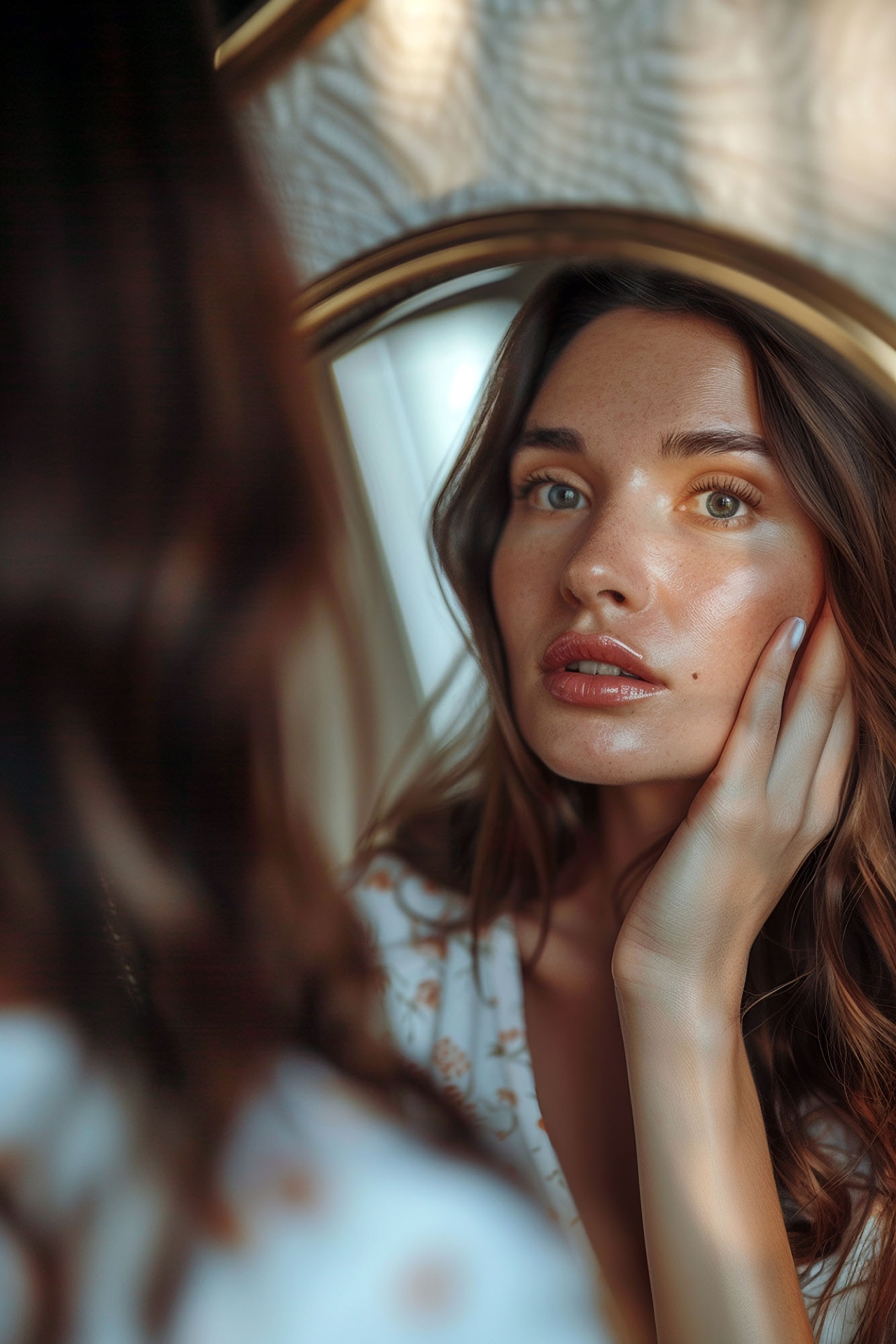 portrait young beautiful woman looking her face mirror touching cheek with her hand