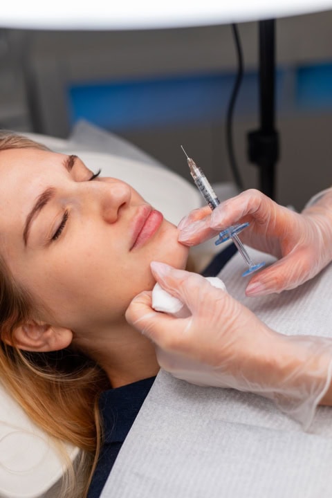 professional female cosmetologist makes filler injection in beau