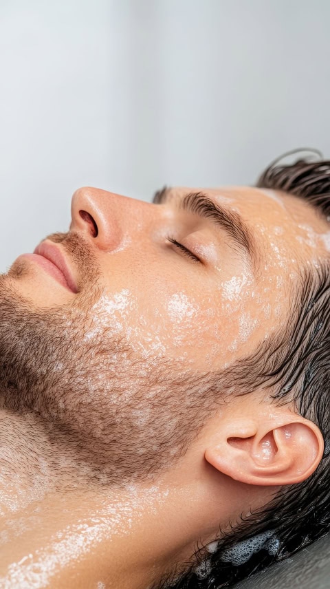side profile of a man getting a hair wash in a salon, with a foc