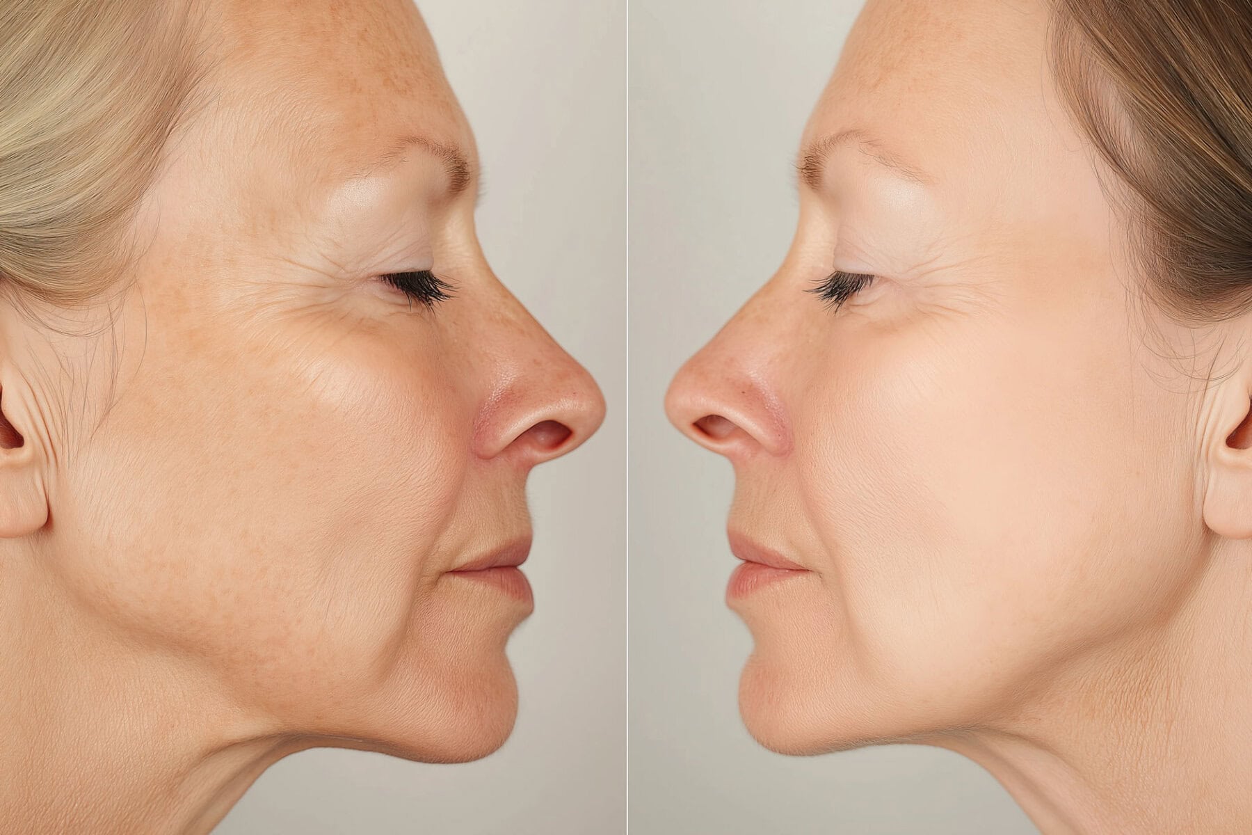 a side by side comparison of an older woman’s face before and