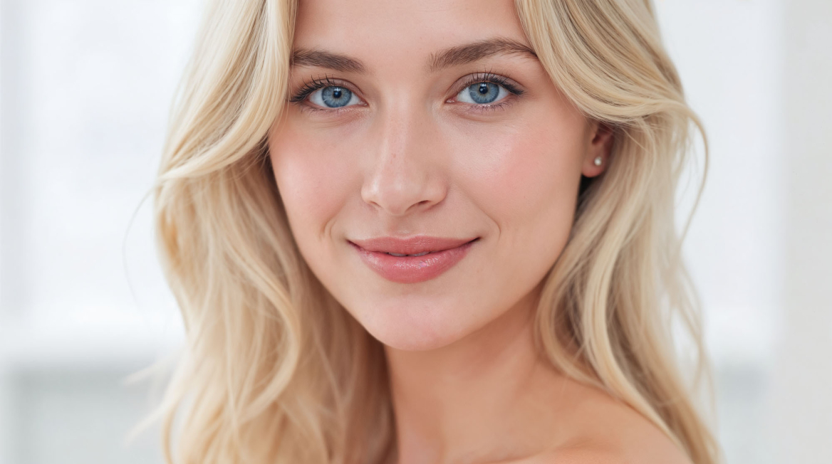 smiling woman with blue eyes blonde hair