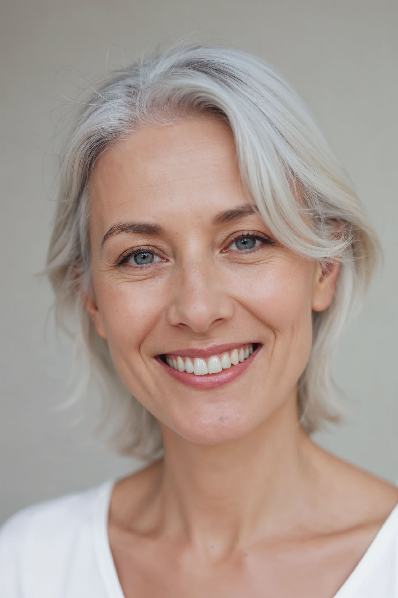 smiling woman with grey hair