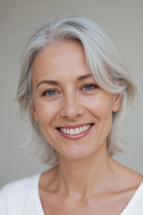 smiling woman with grey hair