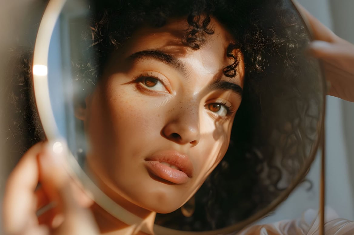 woman is looking through mirror with her eyes closed