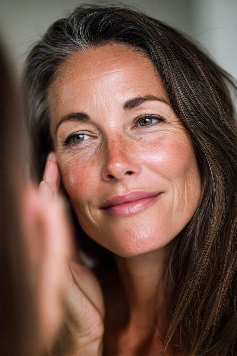 woman undergoing anti aging treatment while reflecting in a mirror, showcasing a confident smile and natural beauty, with soft lighting enhancing her youthful appearance