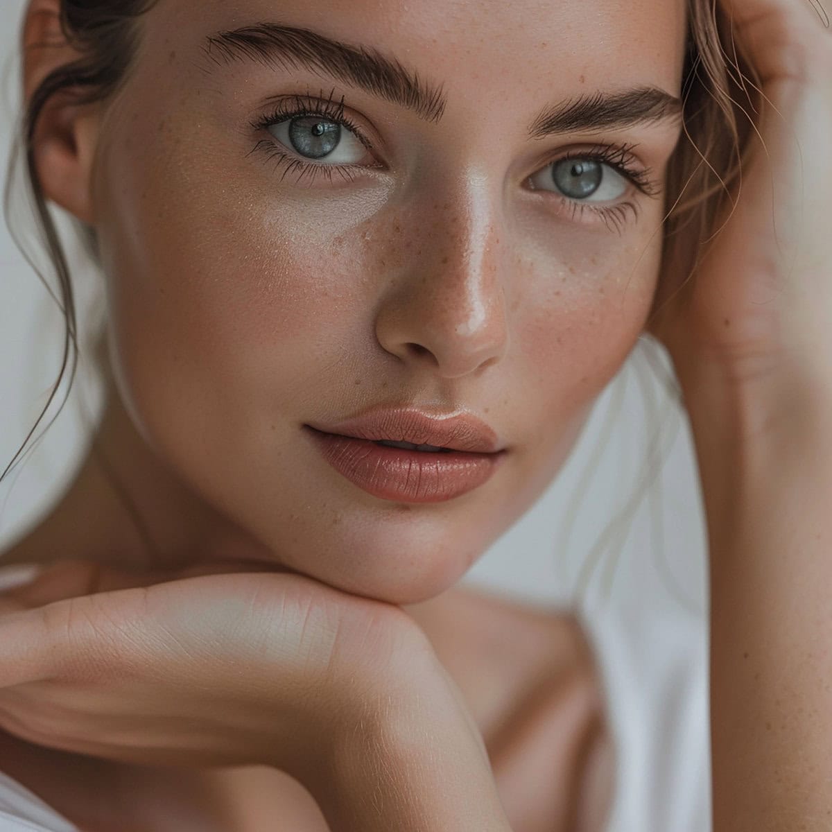 woman with freckles her face is posing photo