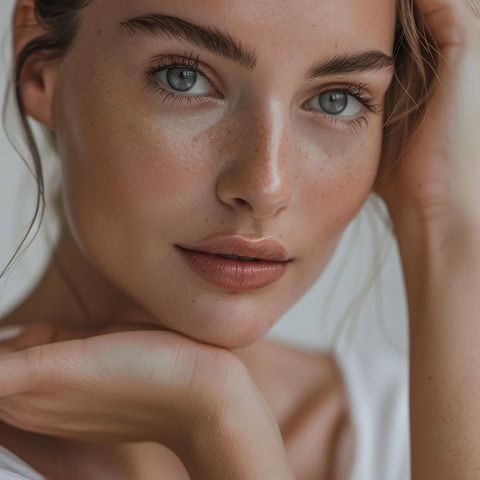 woman with freckles her face is posing photo