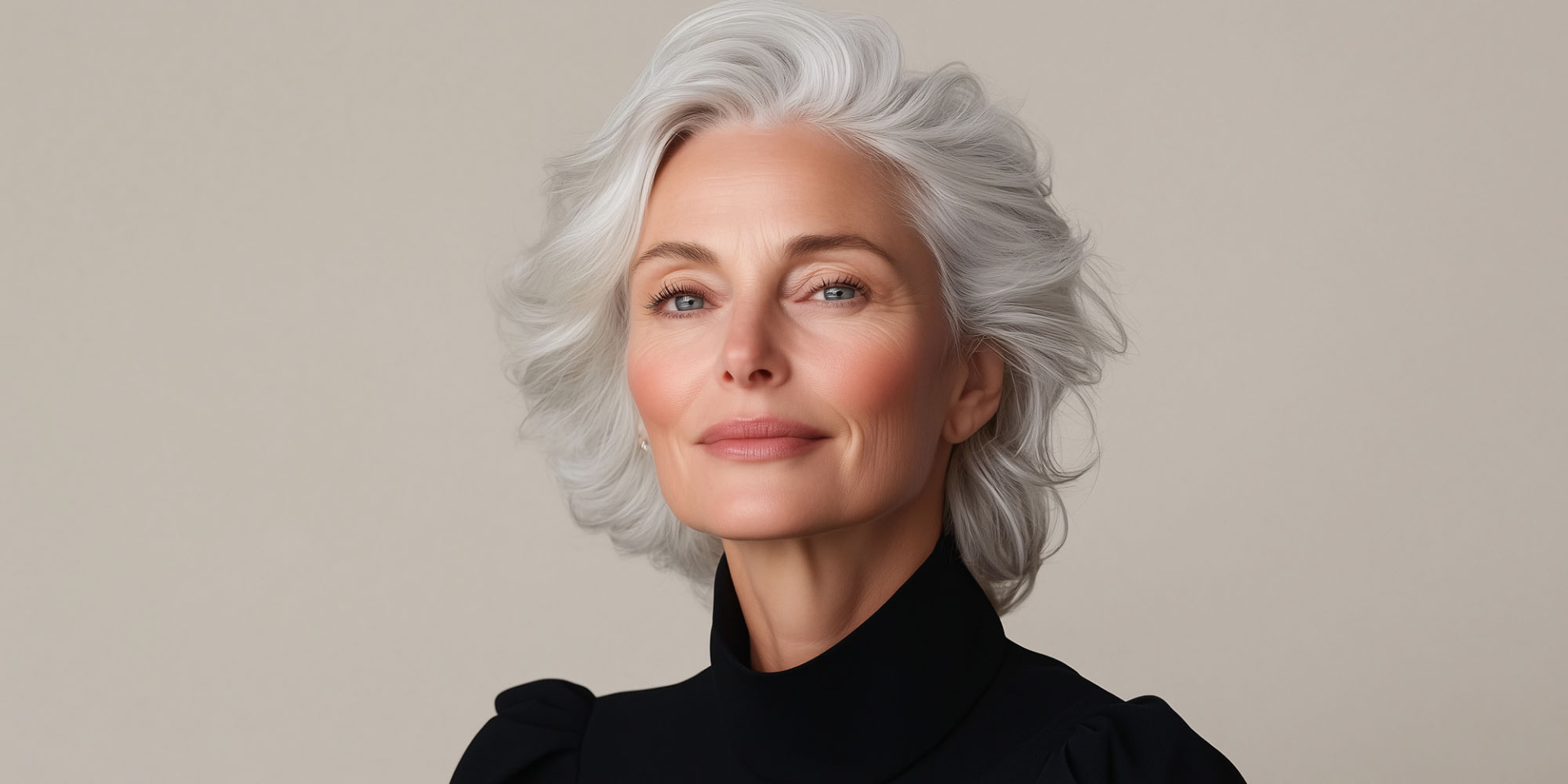 woman with grey hair black top is smiling