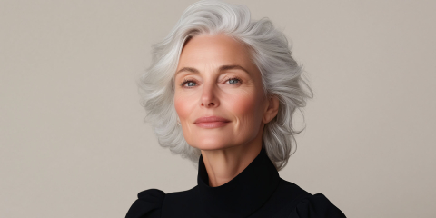 woman with grey hair black top is smiling