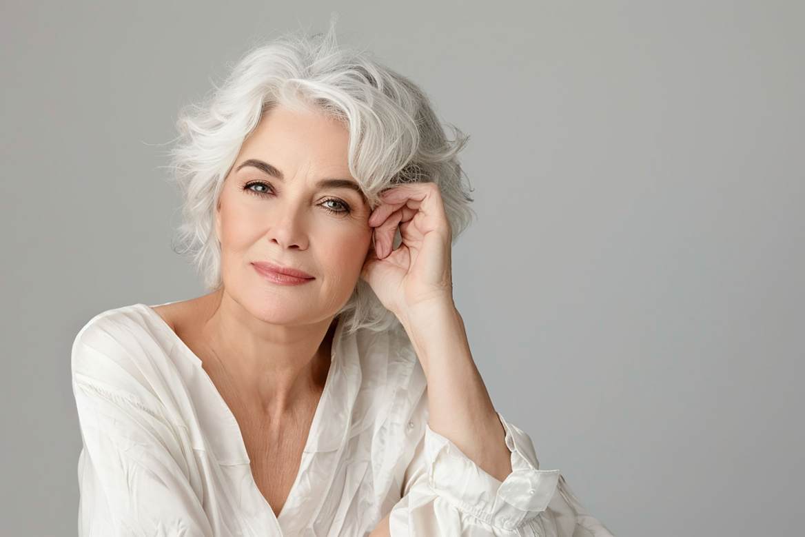 woman with grey hair white shirt posing photo