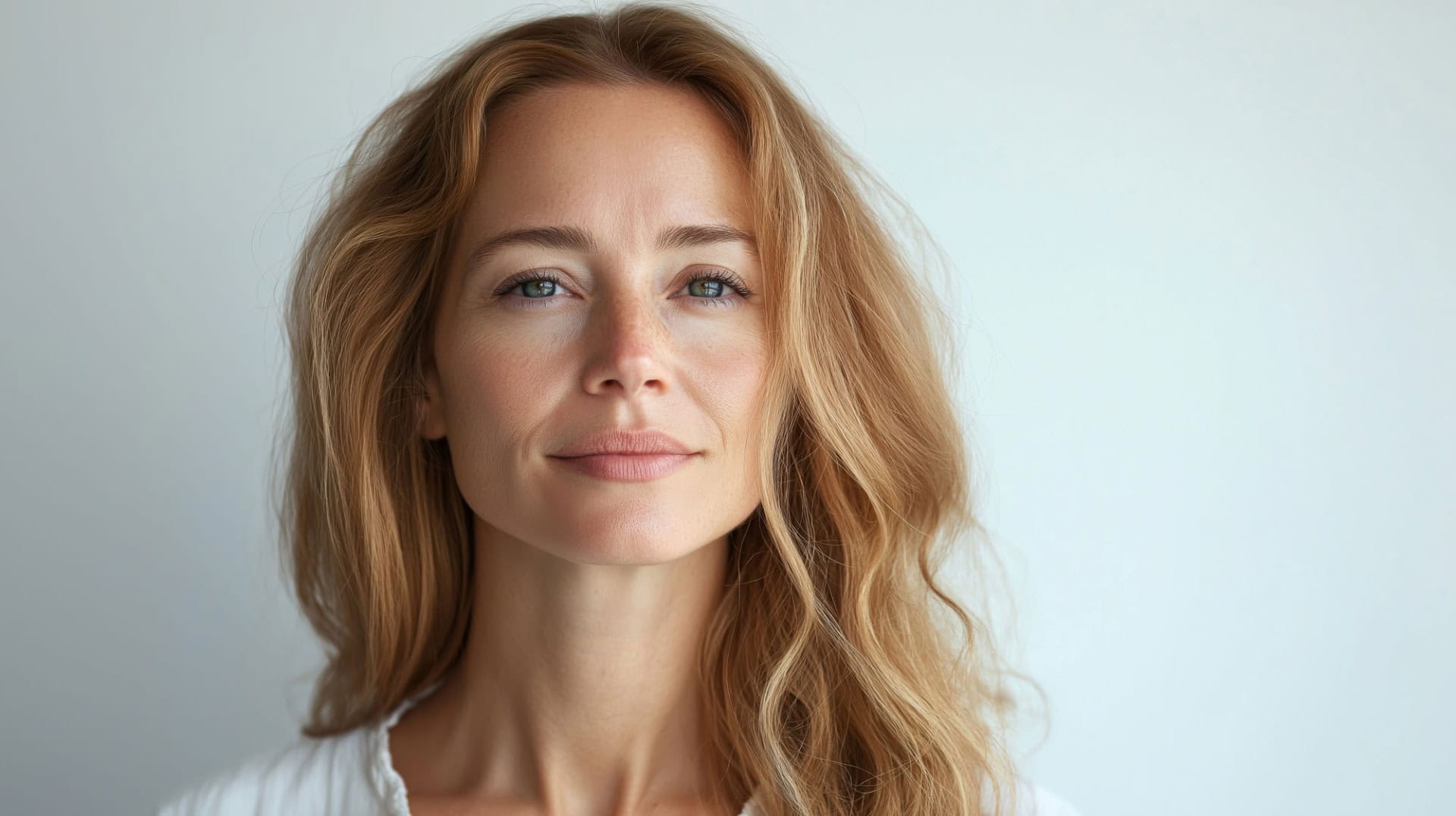 a woman with long blonde hair and blue eyes stares intently at t