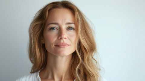 a woman with long blonde hair and blue eyes stares intently at t