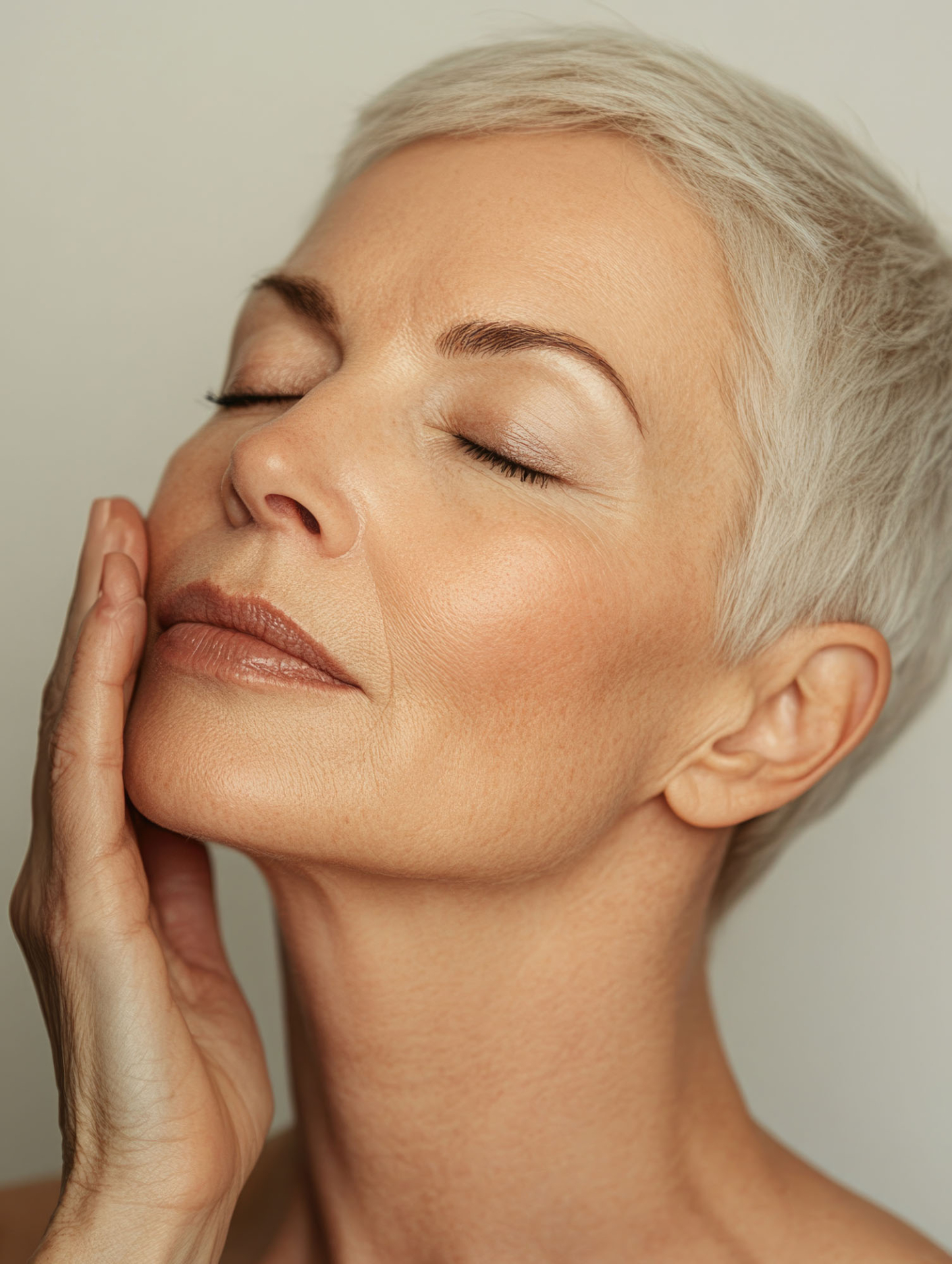 a woman with a shaved head is looking at the camera